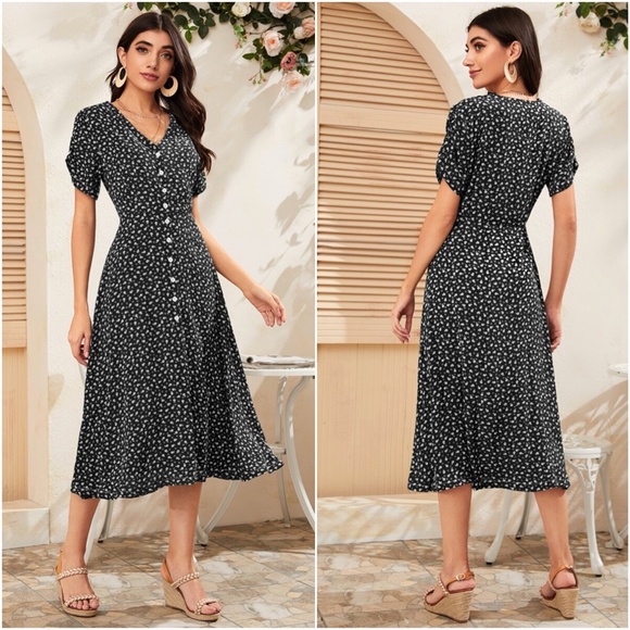 boho floral print button up v neck dress GREEN - Picture 6 of 8